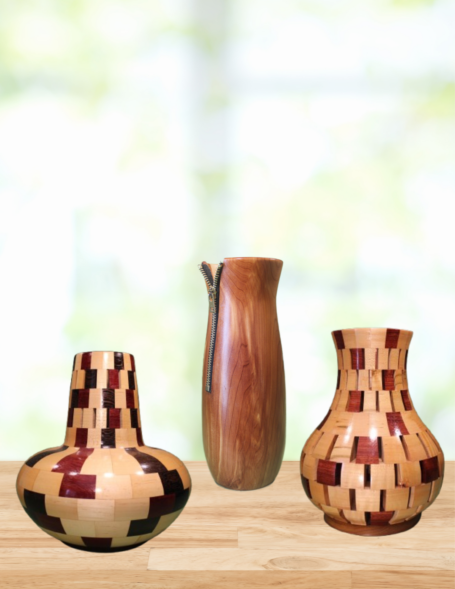 Three-vases-made-with-exotic-wood-all-with-one-of-a-kind-making