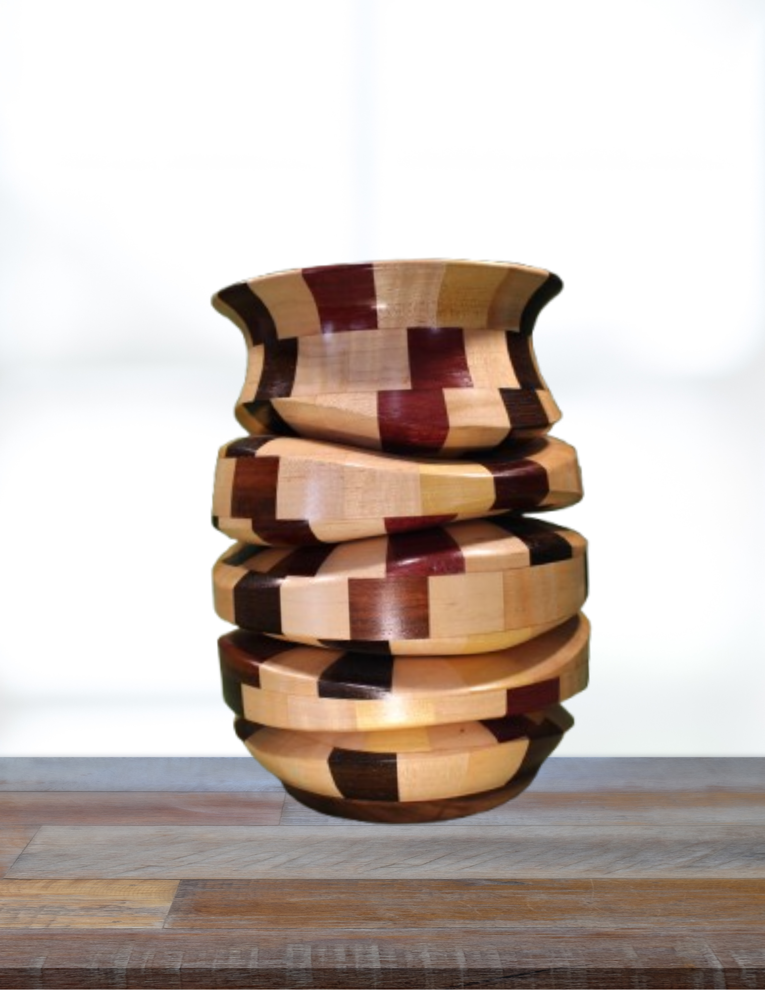 Wooden vase with multicolored pattern on a wooden floor