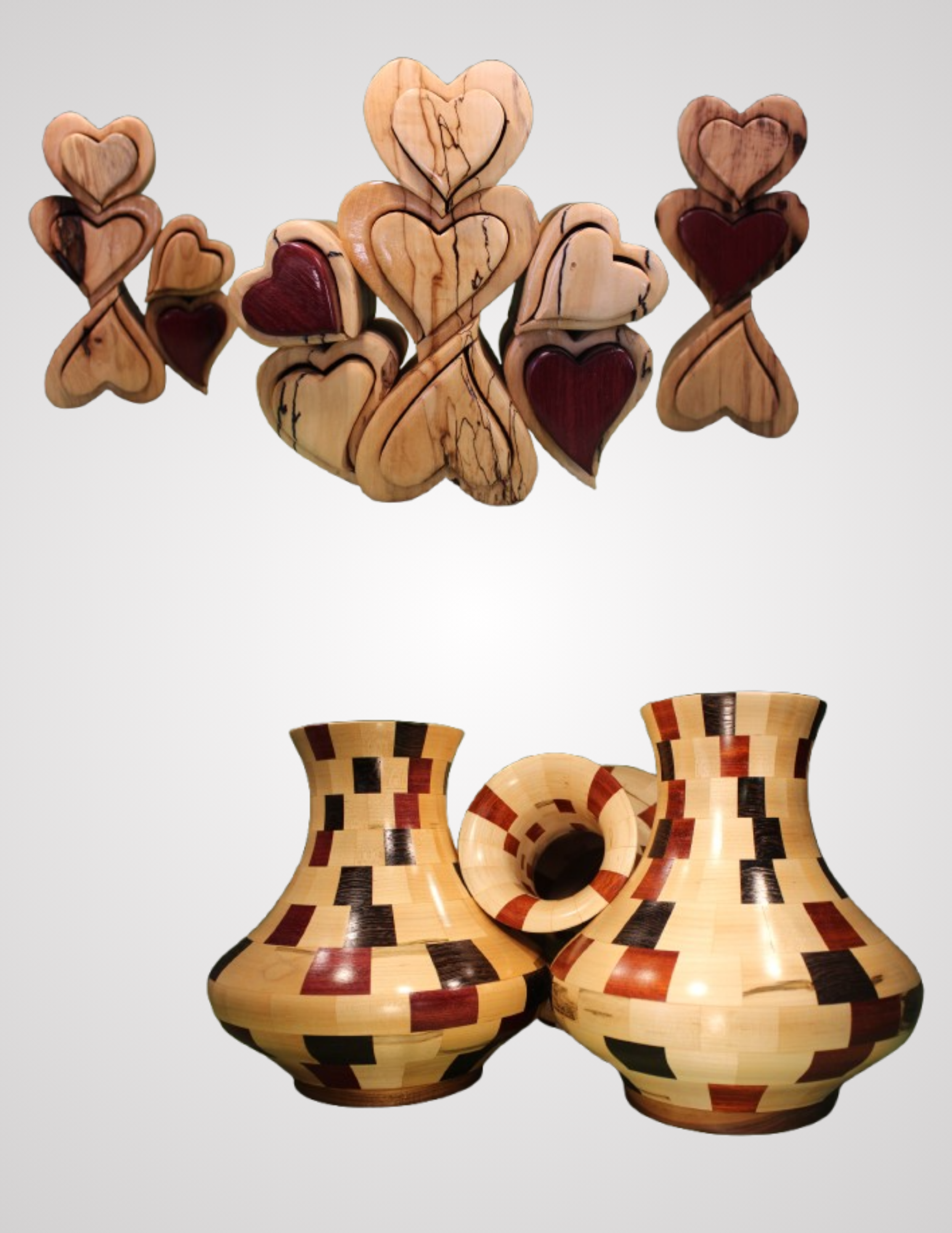 Wooden heart-shaped decorations and patterned vases on a white background