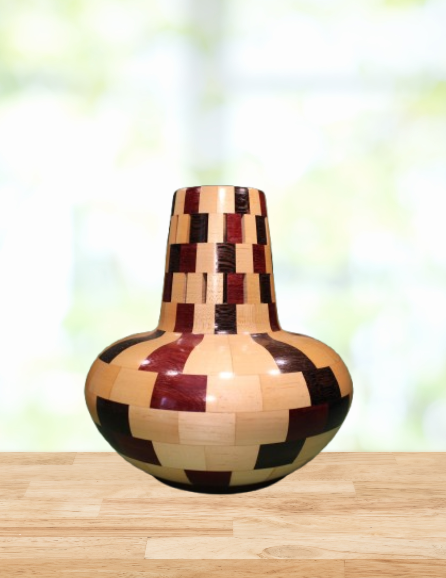 Wooden vase with checkered pattern on a wooden surface