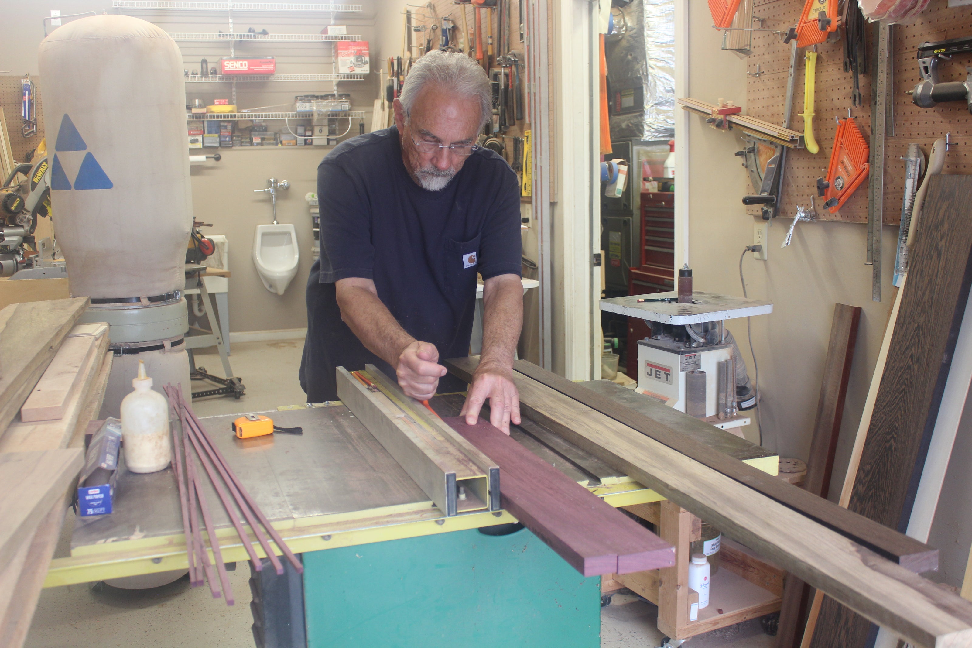 Thom Pabst cutting exotic wood for a one of a kind wood working piece. 