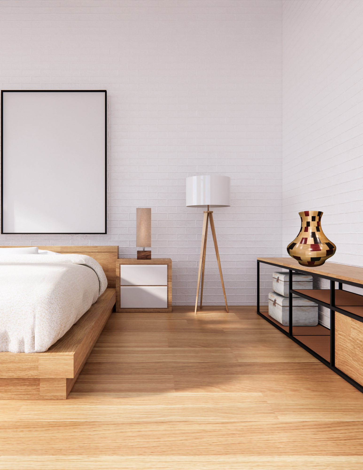 Modern bedroom with wooden bed, nightstands, and a lamp. Hand made wooden vase good for nightstand or desk.