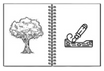 Open notebook with a tree drawing on one page and a pen and inkwell on the other.